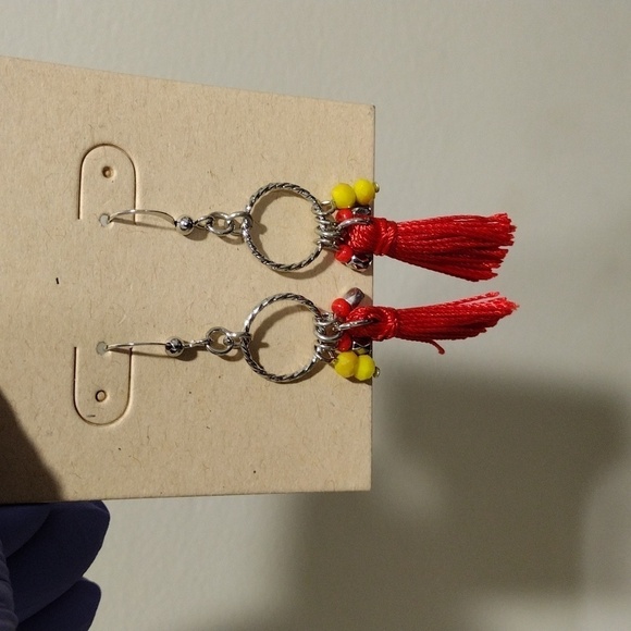 Women's Silver tone Dainty Hoop Red Tassel Colorful Beads Drop Dangle Earrings - Picture 6 of 6